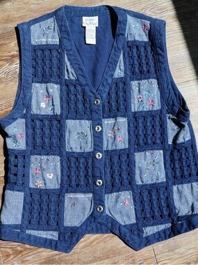 Vintage Koret City Blues Boho Granny Embroidered Patchwork Artsy Floral Vest S